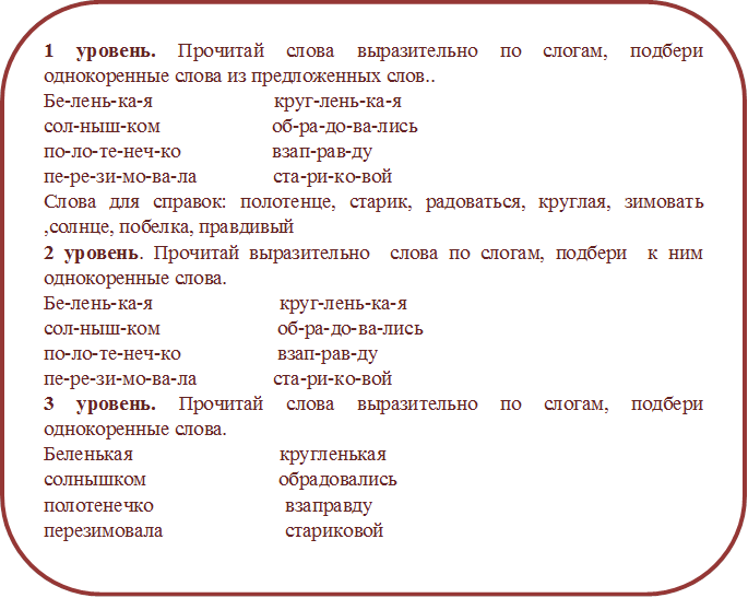 1 уровень. Прочитай слова выразительно по слогам, подбери однокоренные слова из предложенных слов.. 
Бе-лень-ка-я                        круг-лень-ка-я
сол-ныш-ком                      об-ра-до-ва-лись
по-ло-те-неч-ко                  взап-рав-ду
пе-ре-зи-мо-ва-ла               ста-ри-ко-вой
Слова для справок: полотенце, старик, радоваться, круглая, зимовать ,солнце, побелка, правдивый
2 уровень. Прочитай выразительно  слова по слогам, подбери  к ним однокоренные слова. 
Бе-лень-ка-я                         круг-лень-ка-я
сол-ныш-ком                       об-ра-до-ва-лись
по-ло-те-неч-ко                   взап-рав-ду
пе-ре-зи-мо-ва-ла               ста-ри-ко-вой
3 уровень. Прочитай слова выразительно по слогам, подбери однокоренные слова. 
Беленькая                             кругленькая
солнышком                          обрадовались
полотенечко                          взаправду
перезимовала                        стариковой
