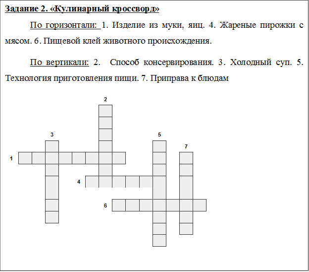 Задание 2. «Кулинарный кроссворд»
По горизонтали: 1. Изделие из муки, яиц. 4. Жареные пирожки с мясом. 6. Пищевой клей животного происхождения.
По вертикали: 2.  Способ консервирования. 3. Холодный суп. 5. Технология приготовления пищи. 7. Приправа к блюдам
 	 	 	 	 	 	 	2	 	 	 	 	 	 	 
 	 	 	 	 	 	 	 	 	 	 	 	 	 	 
 	 	 	 	 	 	 	 	 	 	 	 	 	 	 
 	 	 	3	 	 	 	 	 	 	 	5	 	 	 
 	 	 	 	 	 	 	 	 	 	 	 	 	7	 
1	 	 	 	 	 	 	 	 	 	 	 	 	 	 
 	 	 	 	 	 	 	 	 	 	 	 	 	 	 
 	 	 	 	 	4	 	 	 	 	 	 	 	 	 
 	 	 	 	 	 	 	 	 	 	 	 	 	 	 
 	 	 	 	 	 	 	6	 	 	 	 	 	 	 
 	 	 	 	 	 	 	 	 	 	 	 	 	 	 
 	 	 	 	 	 	 	 	 	 	 	 	 	 	 
 	 	 	 	 	 	 	 	 	 	 	 	 	 	 

