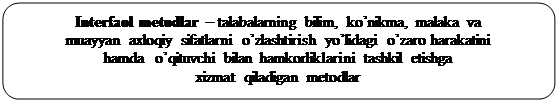 Скругленный прямоугольник: Interfaol metodlar – talabalarning bilim, ko’nikma, malaka va 
muayyan axloqiy sifatlarni o’zlashtirish yo’lidagi o’zaro harakatini 
hamda  o’qituvchi bilan hamkorliklarini tashkil etishga 
xizmat qiladigan metodlar

