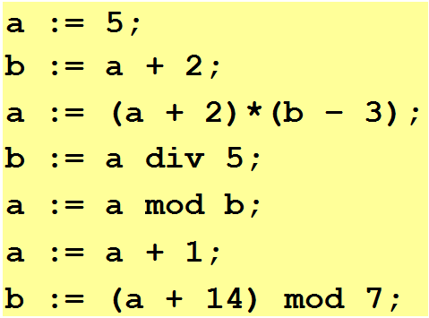 Надпись: a :=	5;	
b :=	a	+ 2;
a :=	(a	+ 2)*(b – 3);
b :=	a	div 5;
a :=	a	mod b;
a :=	a	+ 1;
b	:=	(a	+	14)	mod	7;

