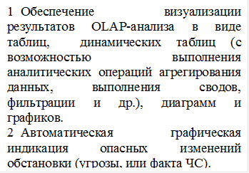 1	Обеспечение визуализации результатов OLAP-анализа в виде таблиц,  динамических таблиц (с возможностью выполнения аналитических операций агрегирования данных, выполнения сводов, фильтрации и др.), диаграмм и графиков.
2	Автоматическая графическая индикация опасных изменений обстановки (угрозы, или факта ЧС).
