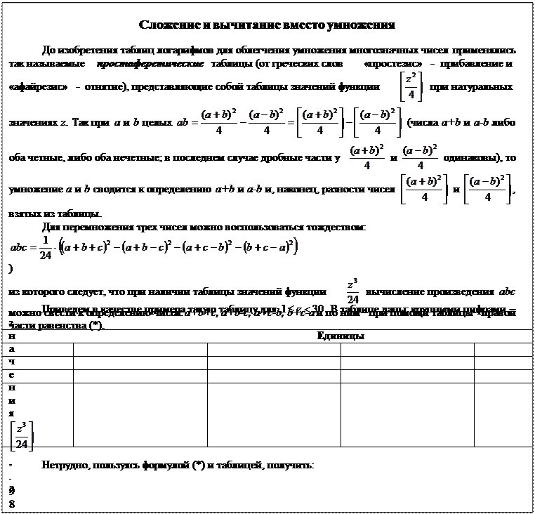 Надпись: Сложение и вычитание вместо умножения
До изобретения таблиц логарифмов для облегчения умножения многозначных чисел применялись так называемые простаферетические таблицы (от греческих слов «простезис» - прибавление и «афайрезис» - отнятие), представляющие собой таблицы значений функции   при натуральных значениях z. Так при а и b целых   (числа a+b и a-b либо оба четные, либо оба нечетные; в последнем случае дробные части у   и   одинаковы), то умножение a и b сводится к определению a+b и a-b и, наконец, разности чисел   и  , взятых из таблицы.
Для перемножения трех чисел можно воспользоваться тождеством:
  (*)
из которого следует, что при наличии таблицы значений функции   вычисление произведения abc можно свести к определению чисел: a+b+c, a+b-c, a+c-b, b+c-a и по ним – при помощи таблицы – правой части равенства (*).
Приведем в качестве примера такую таблицу для  . В таблице даны: крупными цифрами – значения  , а мелкими – значения k, где при    .
		Единицы
		0	1	2	3	4	5	6	7	8	9
Десятки	0		01	08	13	216	55	90	147	218	309
	1	4116	5511	720	9113	1148	14015	17016	20417	2430	28519
	2	3338	38521	44316	50623	5760	6511	7328	8203	91416	10165
Нетрудно, пользуясь формулой (*) и таблицей, получить:
9×9×9=8203-309-309-309=729,
17×8×4=10165-38521-9113+55=544 (проверьте!).
