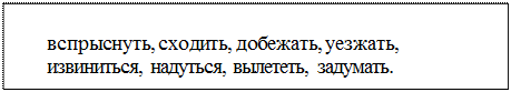 Надпись: вспрыснуть, сходить, добежать, уезжать, извиниться, надуться, вылететь, задумать.