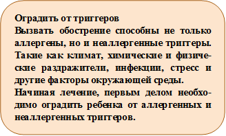 Оградить от триггеров
Вызвать обострение способны не только аллергены, но и неаллергенные тригге-ры. Такие как климат, химические и физические раздражители, инфекции, стресс и другие факторы окружающей среды.
Начиная лечение, первым делом необхо-димо оградить ребенка от аллергенных и неаллергенных триггеров.
