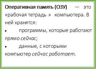 Оперативная память (ОЗУ) — это «рабочая тетрадь» компьютера. В ней хранятся:
•	программы, которые работают прямо сейчас;
•	данные, с которыми компьютер сейчас работает.
