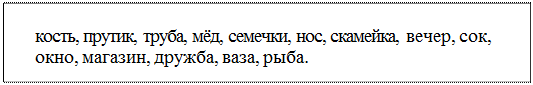 Надпись: кость, прутик, труба, мёд, семечки, нос, скамейка, вечер, сок, окно, магазин, дружба, ваза, рыба.