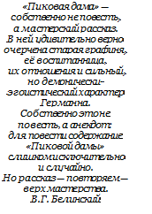 Надпись: «Пиковая дама» — собственно не повесть, 
а мастерский рассказ. 
В ней удивительно верно очерчена старая графиня, её воспитанница,
 их отношения и сильный, но демонически-эгоистический характер Германна. 
Собственно это не повесть, а анекдот: 
для повести содержание «Пиковой дамы»
 слишком исключительно 
и случайно. 
Но рассказ — повторяем — верх мастерства.
В.Г. Белинский
