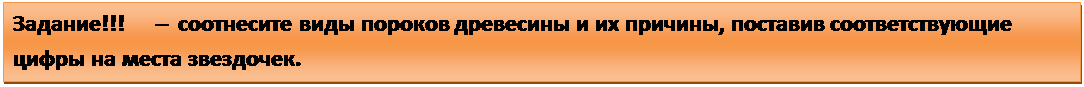 Надпись: Задание!!!      –  соотнесите виды пороков древесины и их причины, поставив соответствующие цифры на места звездочек.