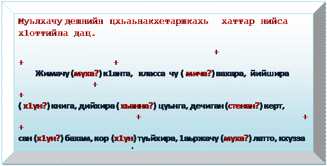 Багетная рамка: Муьлхачу дешнийн цхьаьнакхетаршкахь  хаттар нийса х1оттийна дац.
                                   +                                           +                +
   Жимачу (муха?) к1анта,   класса  чу ( мича?) вахара,  йийшира                       
                                   +                                                                      +
( х1ун?) книга, дийхира ( хьанна?) цуьнга, дечиган (стенан?) керт,
                     +                             +                                           +
сан (х1ун?) бахам, кор (х1ун) туьйхира, 1аьржачу (муха?) латто, кхузза 
                    +                                      +
(мел?) дийцира, воьлуш (муха?) 1уьллура.
