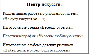 Центр искусств:
Коллективная работа по рисованию на тему  «На лугу пасутся ко… »;
Изготовление стенда «Веселая буренка»;
Пластилинография «Украсим любимую кашу»;
Изготовление альбома детских рисунков «Пейте, дети, молоко, будете здоровы»
