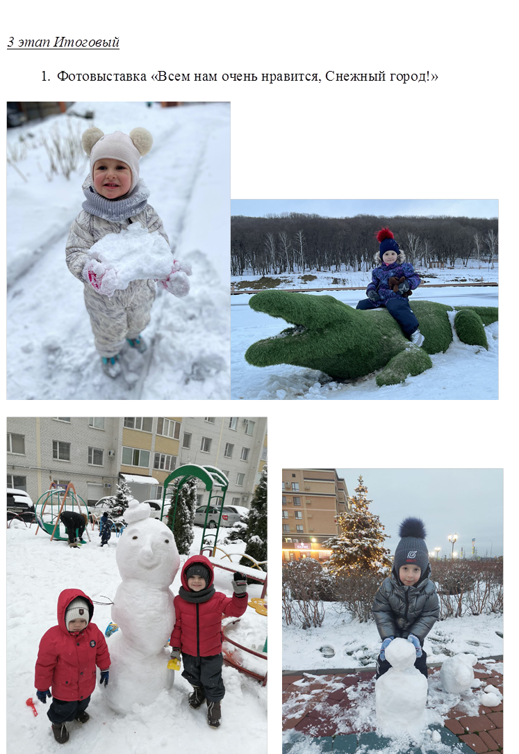3 этап Итоговый

1.	Фотовыставка «Всем нам очень нравится, Снежный город!»

                                                                                                                                                                          

      




    

