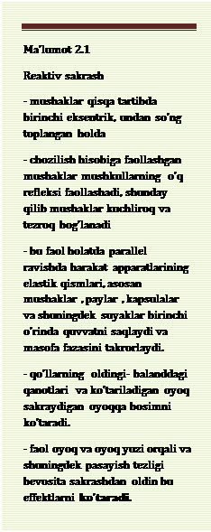 Надпись: Ma’lumot 2.1 
Reaktiv sakrash 
- mushaklar qisqa tartibda birinchi eksentrik, undan so’ng toplangan holda
- chozilish hisobiga faollashgan mushaklar mushkullarning  o’q refleksi faollashadi, shunday qilib mushaklar kuchliroq va tezroq bog’lanadi
- bu faol holatda parallel ravishda harakat apparatlarining elastik qismlari, asosan mushaklar , paylar , kapsulalar va shuningdek suyaklar birinchi o’rinda quvvatni saqlaydi va masofa fazasini takrorlaydi. 
- qo’llarning  oldingi- balanddagi qanotlari  va ko’tariladigan oyoq sakraydigan oyoqqa bosimni ko’taradi.
- faol oyoq va oyoq yuzi orqali va shuningdek pasayish tezligi bevosita sakrashdan oldin bu effektlarni ko’taradi.
