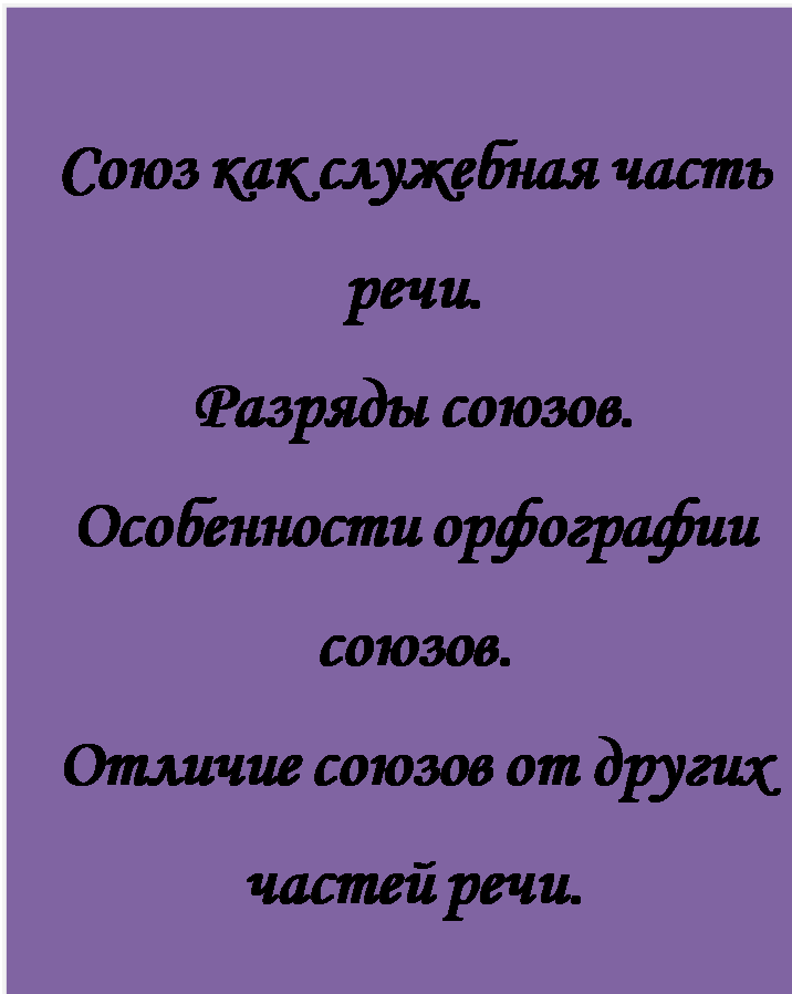 Надпись: Союз как служебная часть речи. 
Разряды союзов.
Особенности орфографии союзов.
Отличие союзов от других частей речи.

