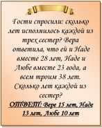  
Гости спросили: сколько лет исполнилось каждой из трех сестер? Вера ответила, что ей и Наде вместе 28 лет, Наде и Любе вместе 23 года, а всем троим 38 лет. Сколько лет каждой из сестер?
ОТВЕТ: Вере 15 лет, Наде 13 лет, Любе 10 лет

