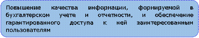 Повышение качества информации, формируемой в бухгалтерском учете и отчетности, и обеспечение гарантированного доступа к ней заинтересованным пользователям,Практическое построение системы бухгалтерского учета, ориентированной на модель рыночной экономики в условиях новой экономической среды (конкуренции, неопределенности и т.д.)

