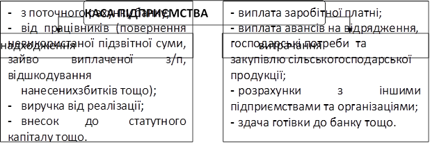 -	з поточного рахунку банку;
-	від працівників (повернення невикористаної підзвітної суми, зайво виплаченої з/п, відшкодування	нанесених збитків тощо);
-	виручка від реалізації;
-	внесок до статутного капіталу тощо.
,-	виплата заробітної платні;
-	виплата авансів на відрядження, господарські потреби та закупівлю сільськогосподарської продукції;
-	розрахунки	з	іншими підприємствами та організаціями;
-	здача готівки до банку тощо.
