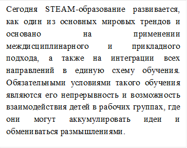 Сегодня STEAM-образование развивается, как один из основных мировых трендов и основано на применении междисциплинарного и прикладного подхода, а также на интеграции всех направлений в единую схему обучения. Обязательными условиями такого обучения являются его непрерывность и возможность взаимодействия детей в рабочих группах, где они могут аккумулировать идеи и обмениваться размышлениями.

