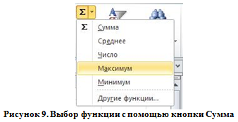 Выбор функции с помощью кнопки Сумма