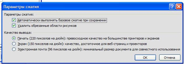 Окно Параметры сжатия