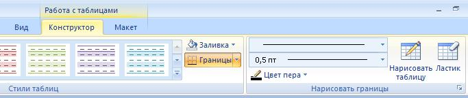 Вкладка Конструктор при работе с таблицами