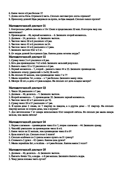 2 класс математический диктант 2 четверть презентация