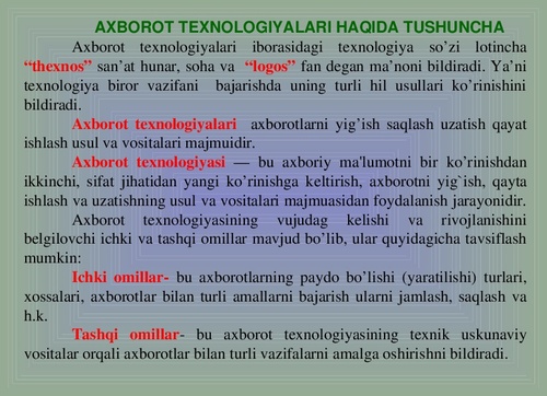 “AXBOROT TEXNOLOGIYALARI HAQIDA TUSHUNCHA” MAVZUSIDA TAQDIMOT