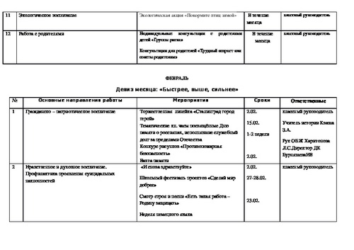 План внеурочной работы в начальной школе