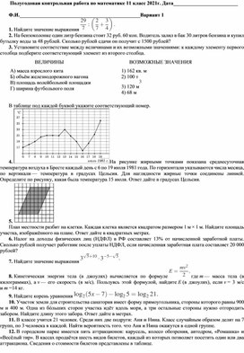 Полугодовая контрольная работа по математике 11 класс 1 вар