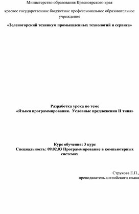 Обложка для материала Разработка урока по теме  «Языки программирования.  Условные предложения II типа»