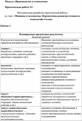 Методическая разработка практической работы по теме  «Машины и механизмы. Перспективы развития техники и технологий» 6 класс