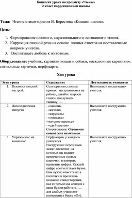 Конспект урока по предмету «Чтение» 2 класс коррекционной школы  Тема:  Чтение стихотворения В. Берестова «Кошкин щенок».