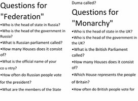 Карточка на тему "The political system of Russia and the UK"