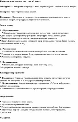 Обложка для материала План-конспект на тему "Три царства литературы: Эпос, Лирика и Драма. Учимся отличать жанры"
