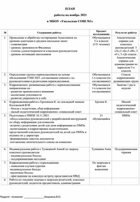 План работы педагога- психолога на ноябрь