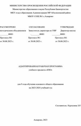 Адаптивная рабочая программа по предмету "ИЗО" 9 класс обучения