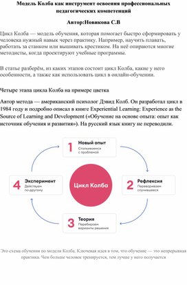 Модель Колба как инструмент освоения профессиональных педагогических компетенций