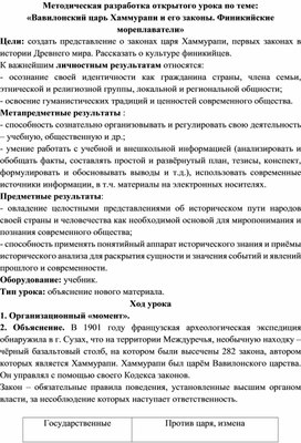 Методическая разработка открытого урока по теме: «Вавилонский царь Хаммурапи и его законы. Финикийские мореплаватели»