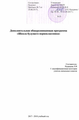 Рабочая программа кружка "Школа будущего первоклассника"