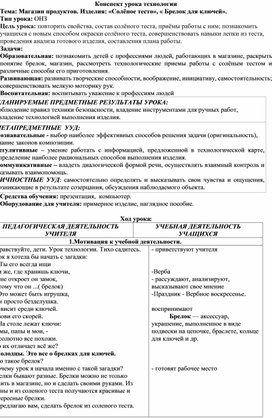 Конспект урока технологии   Тема: Магазин продуктов. Изделия: «Солёное тесто», « Брелок для ключей».