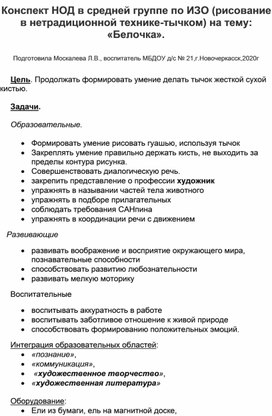 Конспект НОД  по ИЗО ( рисование в нетрадиционной технике-тычком) в средней группе на тему: "Белочка".) в средней группе на