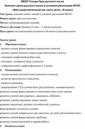 План-конспект урока по русскому  языку на тему : " Существительное "