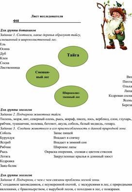 Рабочий лист по окружающему миру в 4 классе "Леса России"