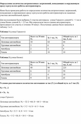 Определение количества антропогенных загрязнений, попадающих в окружающую среду в результате работы автотранспорта.