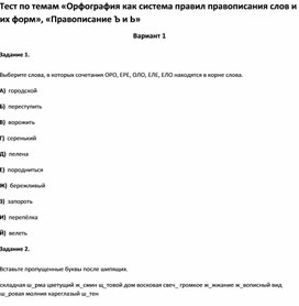 Тест по темам равописания слов и их форм», «Правописание Ъ и Ь 11 класс