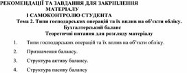 Обложка для материала Тема 2. Типи господарських операцій та їх вплив на об’єкти обліку. Бухгалтерський баланс  Теоретичні питання для розгляду матеріалу
