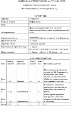 Обложка для материала КИМ итоговой контрольной работы по информатике. 6 класс