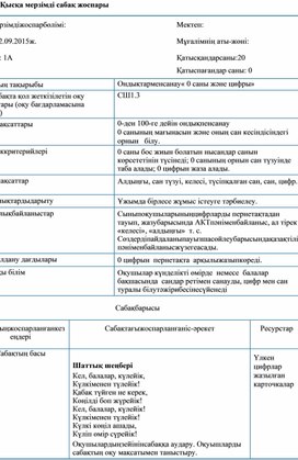 « 0 саны және цифры» ҚЫСҚАМЕРЗІМДІ ЖОСПАР