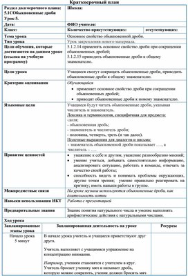 Обложка для материала математика 5 кл_Обыкновенные дробкосрочный план