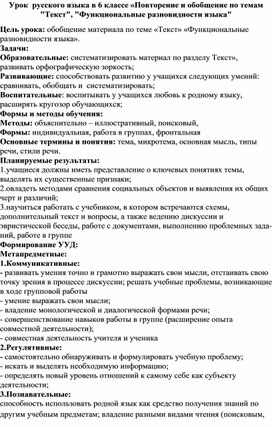 Обложка для материала Конспект урока русского языка 6 класс на тему "Повторение и обобщение по темам «Текст», Функциональные разновидности языка»"