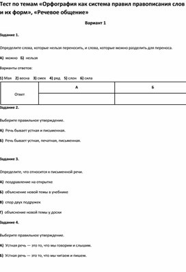 Обложка для материала Тест по темам «Орфография как система правил правописания слов , «Речевое общение 2 кл